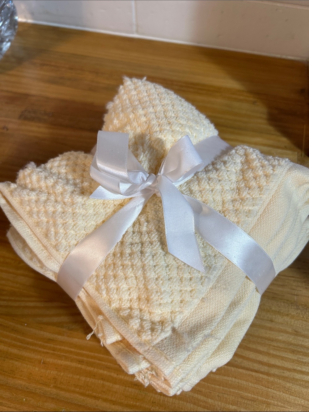 Kensie Cream Waffle Weave Hand Towels with Satin Bow